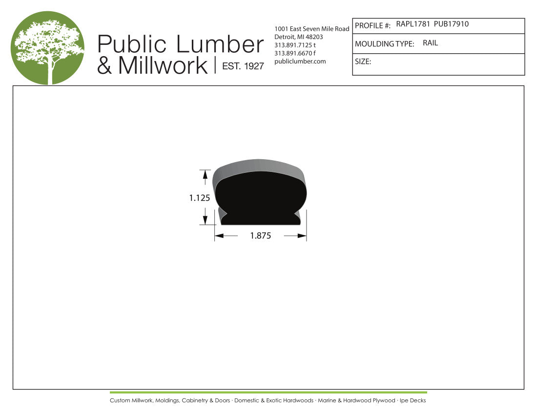 1-1/8"x1-7/8" Hand Rail RAPL1781