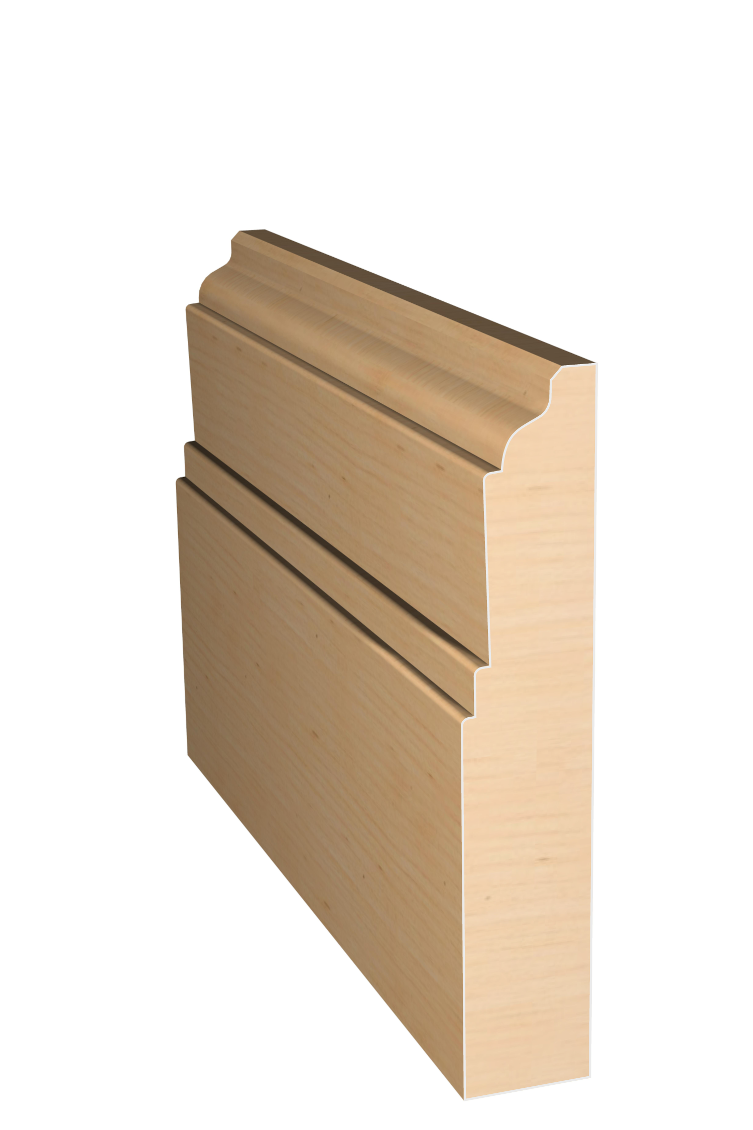 Three dimensional rendering of custom base wood molding BAPL418 made by Public Lumber Company in Detroit.