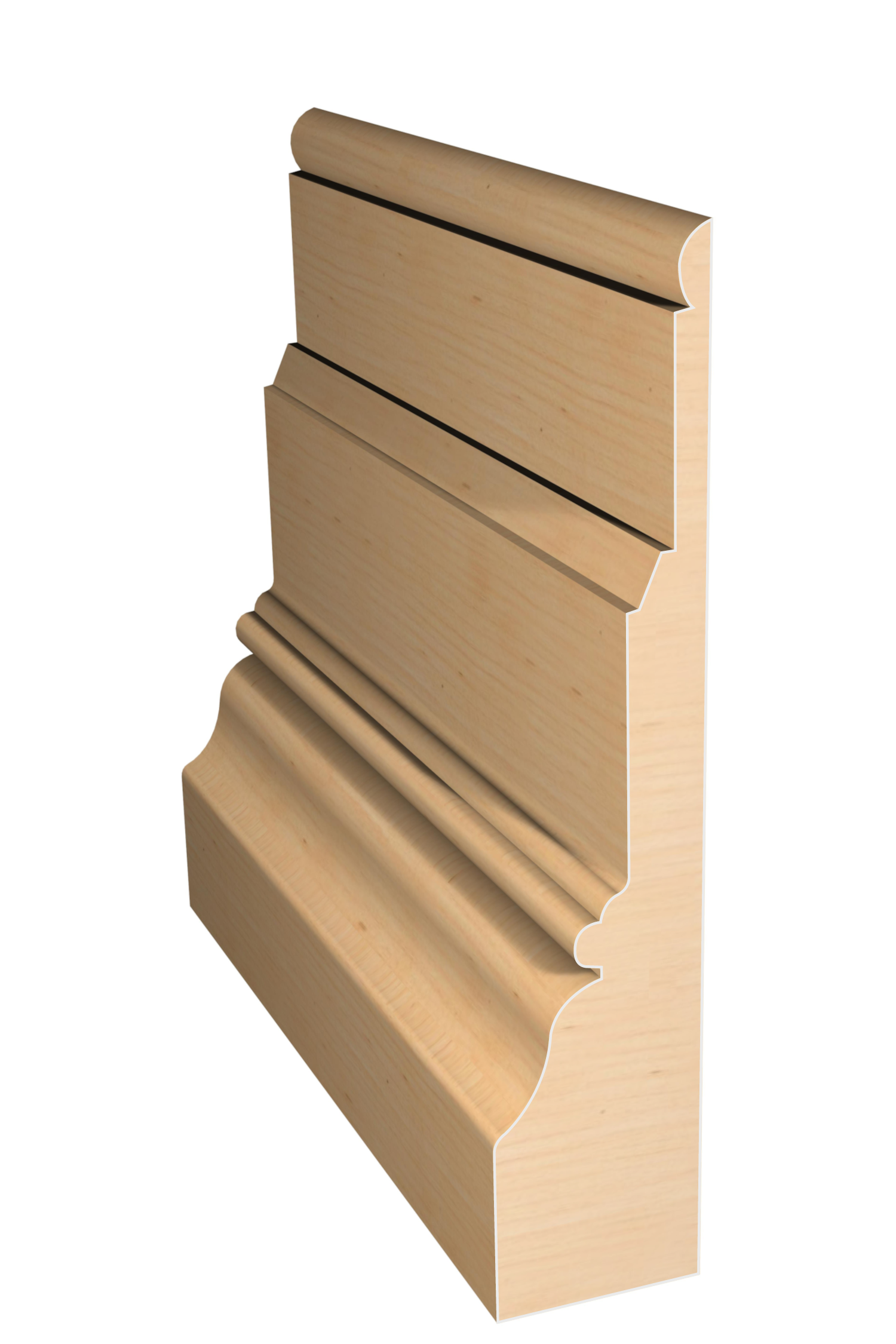 Three dimensional rendering of custom base wood molding BAPL64 made by Public Lumber Company in Detroit.