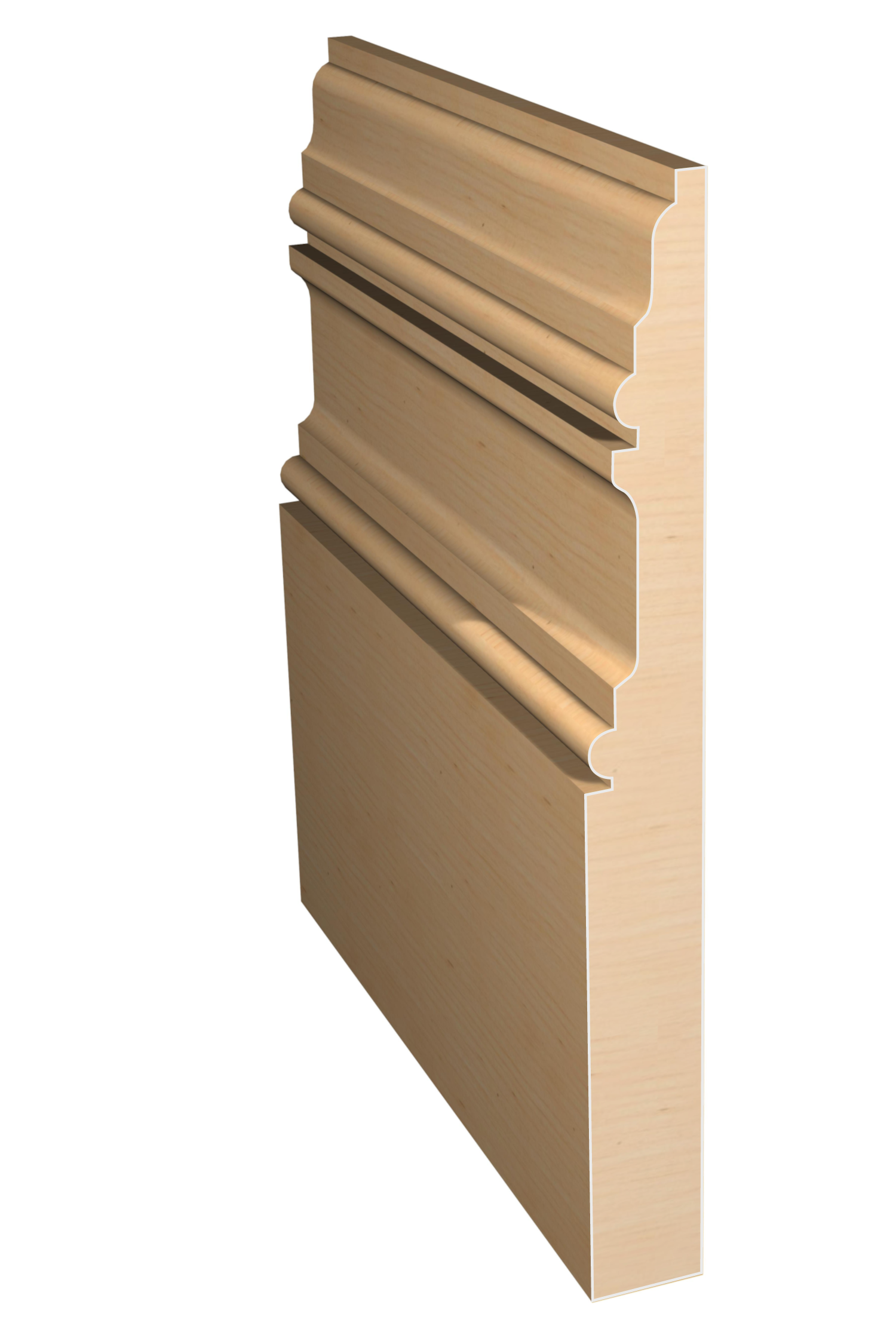 Three dimensional rendering of custom base wood molding BAPL71210 made by Public Lumber Company in Detroit.