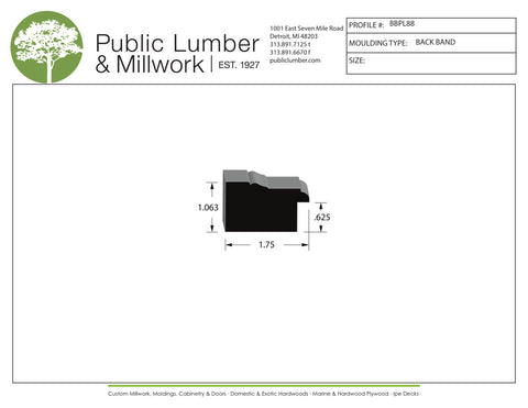 Technical drawing of a molding profile with Public Lumber & Millwork branding.