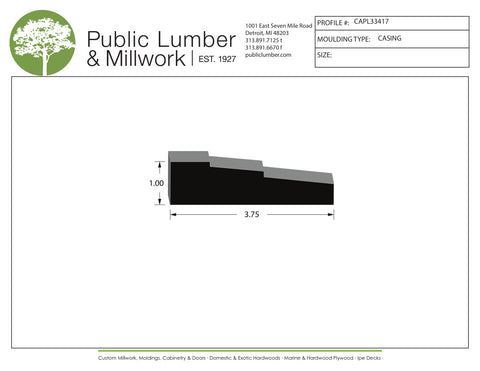 Technical drawing of a molding profile with Public Lumber & Millwork branding.