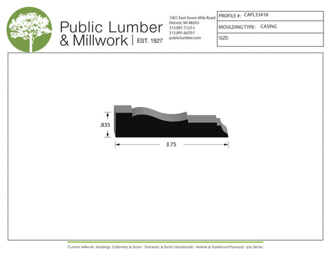 Technical drawing of a molding profile with Public Lumber & Millwork branding.