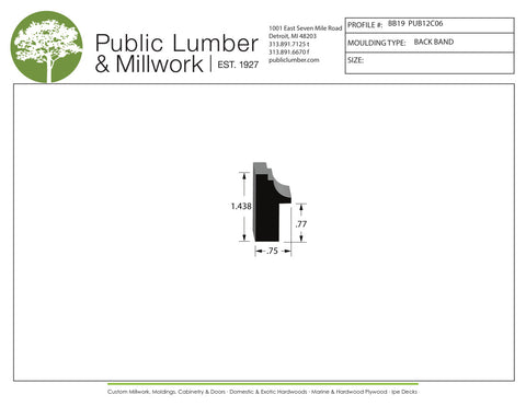 Technical drawing of a molding profile with Public Lumber & Millwork branding.