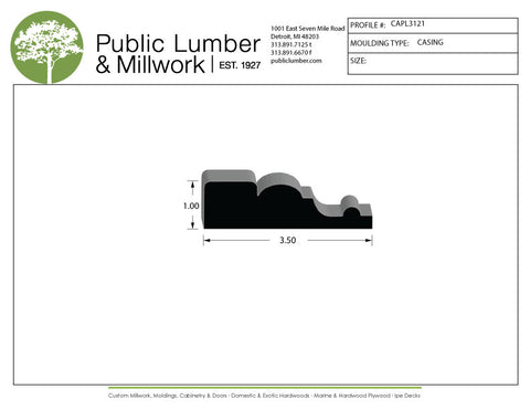 Technical drawing of a molding profile with Public Lumber & Millwork branding.