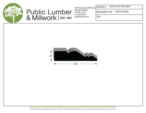 Technical drawing of a molding profile with Public Lumber & Millwork branding.