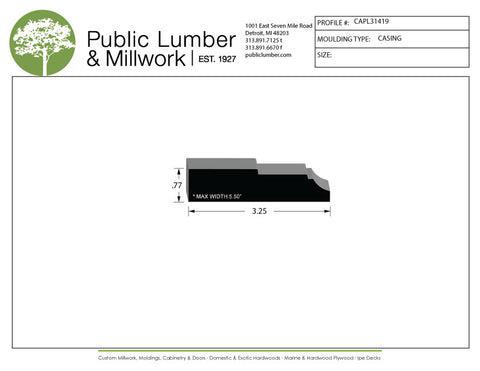Technical drawing of a molding profile with Public Lumber & Millwork branding.