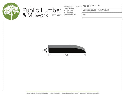Technical drawing of a molding profile with Public Lumber & Millwork branding.